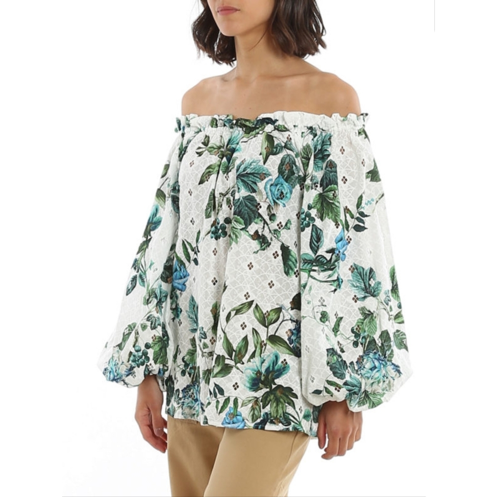 Blumarine Broderie Anglaise Rose Floral Eyelet Blouse in White & Blue